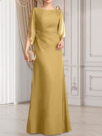 Vestido de gasa para madre de la novia con corte tubo/columna, escote redondo y largo hasta el suelo, con cuentas plisadas