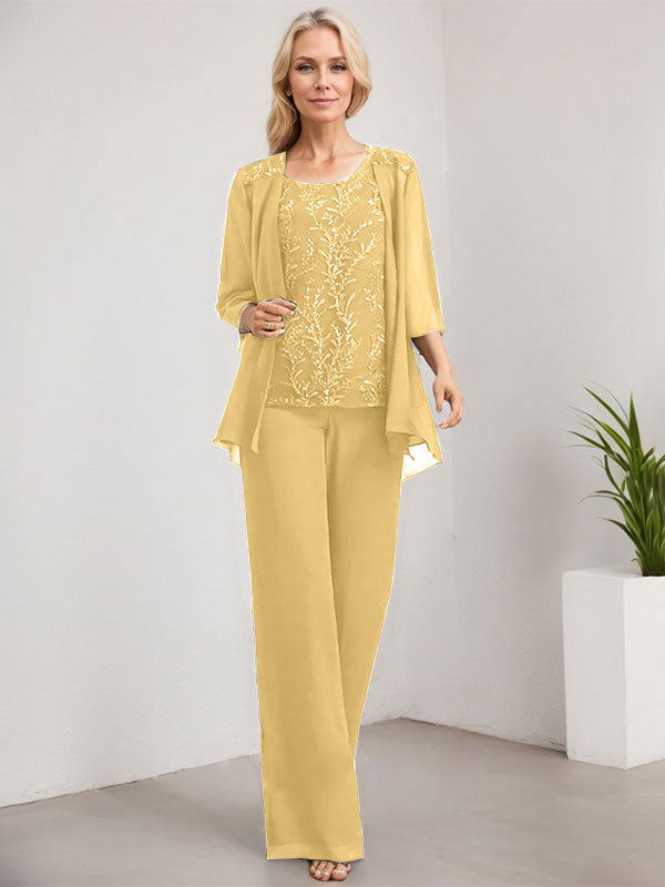 Vestido de madre de la novia de gasa con encaje, largo hasta el suelo, con lentejuelas y mono/pantalón separado