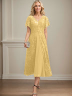 A-Linie V-Ausschnitt Wadenlanges Chiffon-Kleid für die Brautmutter 