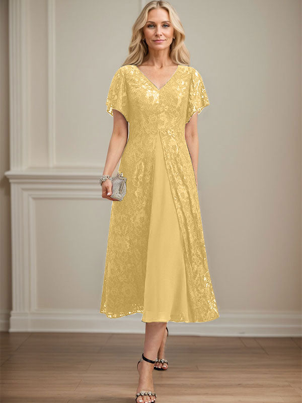 Vestido de gasa con encaje y escote en V para madre de la novia, largo hasta la rodilla