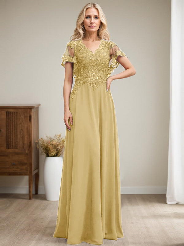 A-Linie V-Ausschnitt Bodenlanges Spitzenchiffonkleid für die Brautmutter mit Pailletten 
