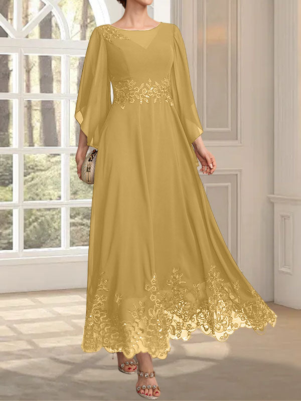 Vestido de gasa con encaje y lentejuelas para madre de la novia, corte A, escote ilusión, largo hasta los tobillos