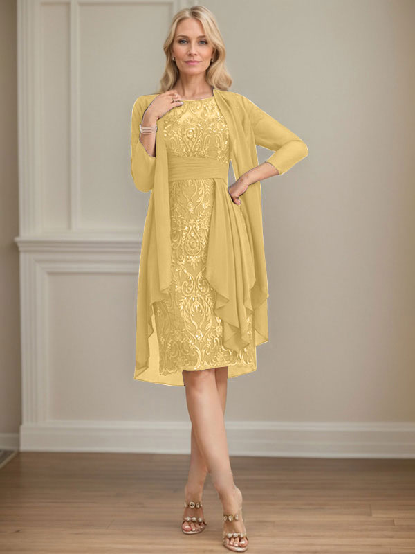 Vestido de madre de la novia de gasa con encaje, escote redondo, ilusión, largo hasta la rodilla, con volantes en cascada y lentejuelas