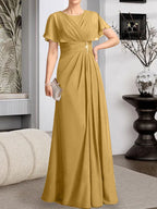Vestido de gasa para madre de la novia con corte en A, escote redondo y largo hasta el suelo, con cuentas plisadas