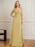 A-Linien-Kleid mit V-Ausschnitt, bodenlangem Spitzenchiffon und plissierten Pailletten 