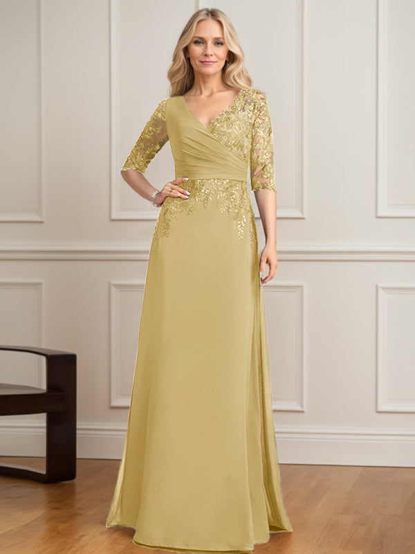 Vestido de madre de la novia de gasa con encaje, escote en V y lentejuelas plisadas hasta el suelo