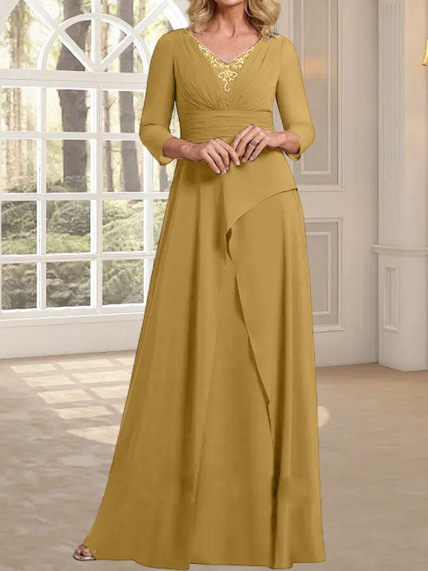 Vestido de gasa para madre de la novia con escote en V, largo hasta el suelo, con pliegues y cuentas