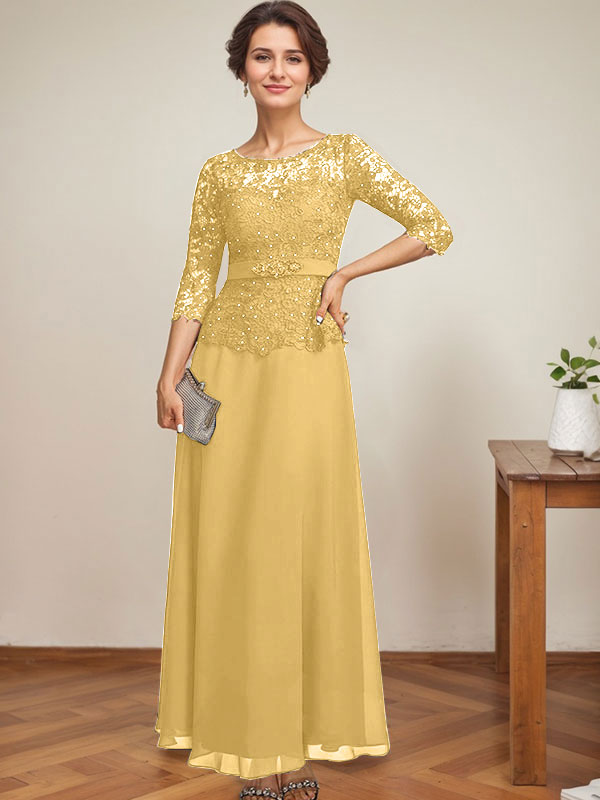 Vestido de gasa con encaje y escote en A, ilusión, largo hasta los tobillos, para madre de la novia con cuentas de diamantes de imitación