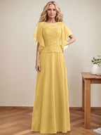 Vestido de gasa con encaje y lentejuelas para madre de la novia, corte A, escote ilusión, largo hasta el suelo