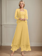 Vestido de madre de la novia de gasa con encaje y lentejuelas, largo hasta los tobillos, con mono/pantalón separado