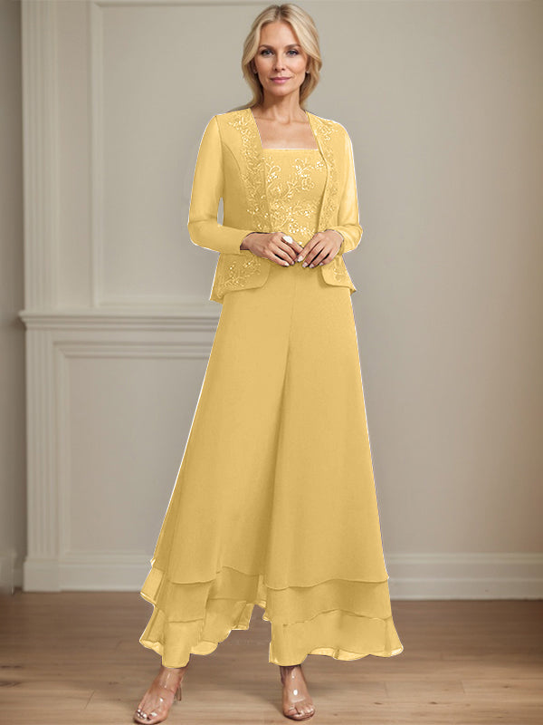 Separates Jumpsuit/Hosenanzug Quadratisches Knöchellanges Spitzenchiffonkleid für die Brautmutter mit Pailletten 