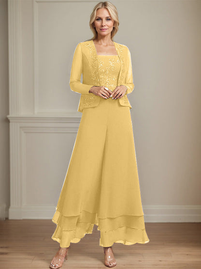 Separates Jumpsuit/Hosenanzug Quadratisches Knöchellanges Spitzenchiffonkleid für die Brautmutter mit Pailletten 
