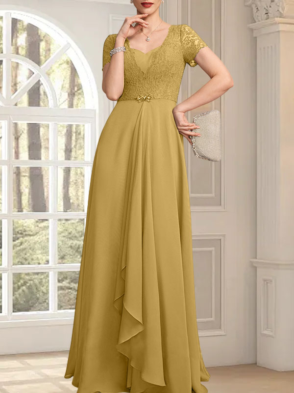 Vestido de madre de la novia de gasa con encaje, corte en A, escote corazón, largo hasta el suelo, con volantes en cascada y cuentas