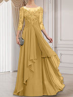 Vestido de gasa con encaje, corte A, escote ilusión, largo hasta el suelo, para madre de la novia con volantes en cascada