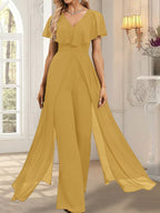 Vestido de noche de gasa con escote en V y largo hasta el suelo, tipo mono/pantalón