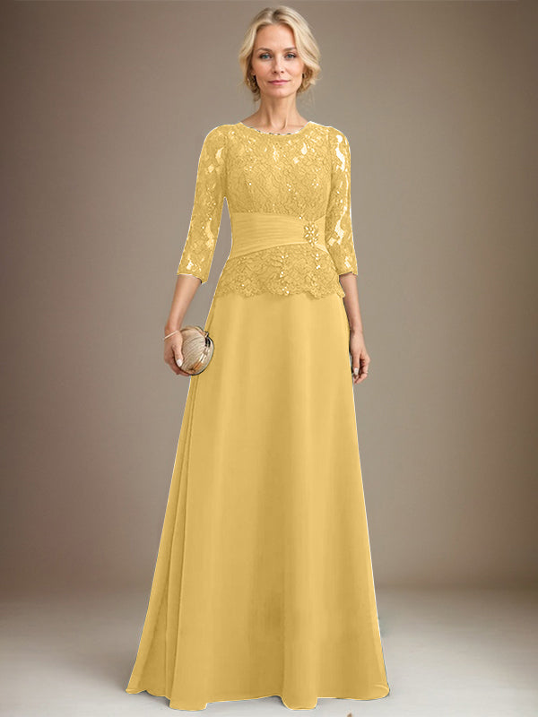 Vestido de gasa con encaje, corte A, ilusión, largo hasta el suelo, para madre de la novia, con lentejuelas plisadas y abalorios