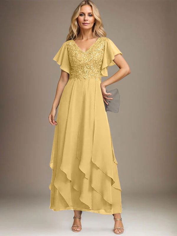 Vestido de gasa con encaje y escote en V hasta los tobillos para madre de la novia con volantes en cascada