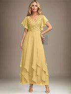 Vestido de gasa con encaje y escote en V hasta los tobillos para madre de la novia con volantes en cascada