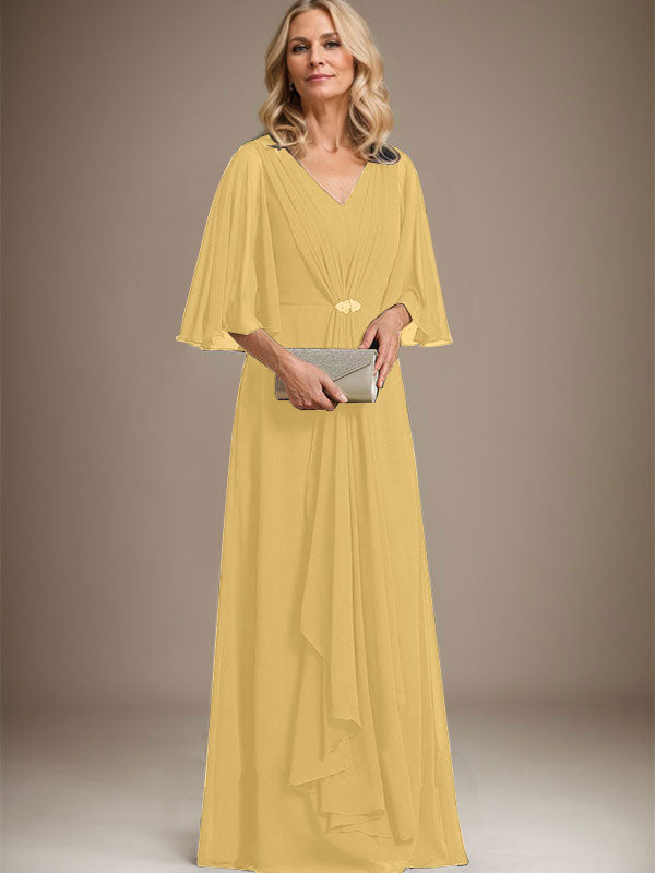 Vestido de gasa para madre de la novia, corte A, escote en V, largo hasta el suelo, con volantes en cascada y broche de cristal