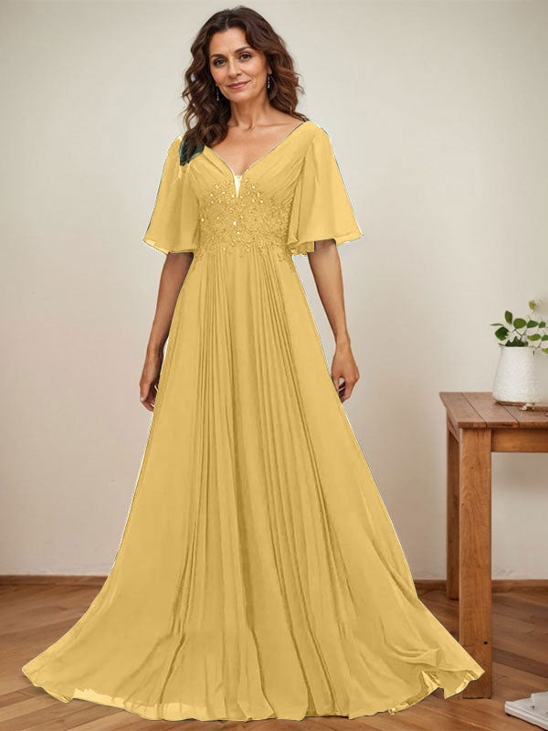 Vestido de gasa para madre de la novia, corte A, escote en V, largo hasta el suelo, con apliques de lentejuelas y encaje plisado