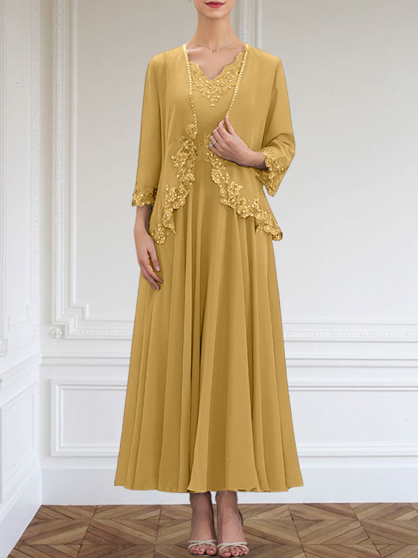 Vestido de gasa para madre de la novia, corte A, escote en V, largo hasta los tobillos, con apliques de lentejuelas, encaje y cuentas