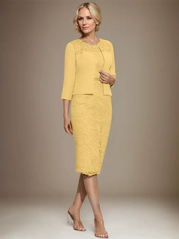 Vestido de gasa con encaje y cuentas para madre de la novia, largo hasta la rodilla, con escote redondo y corte columna