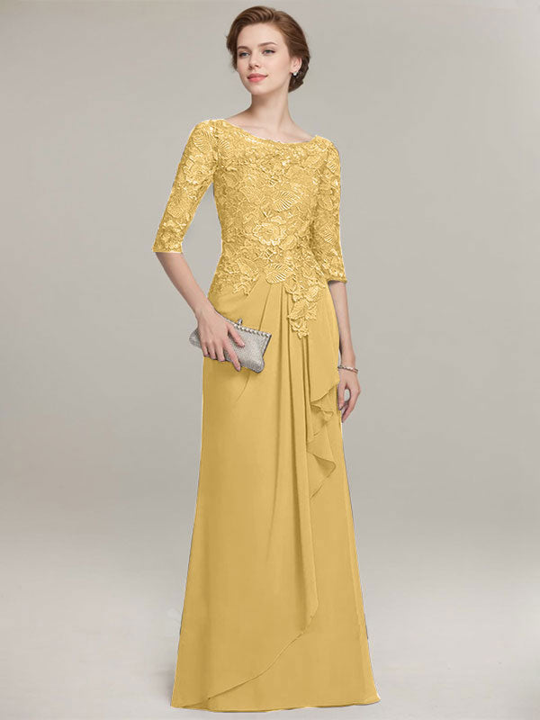 Vestido de gasa con encaje, corte A, escote ilusión, largo hasta el suelo, para madre de la novia con volantes en cascada
