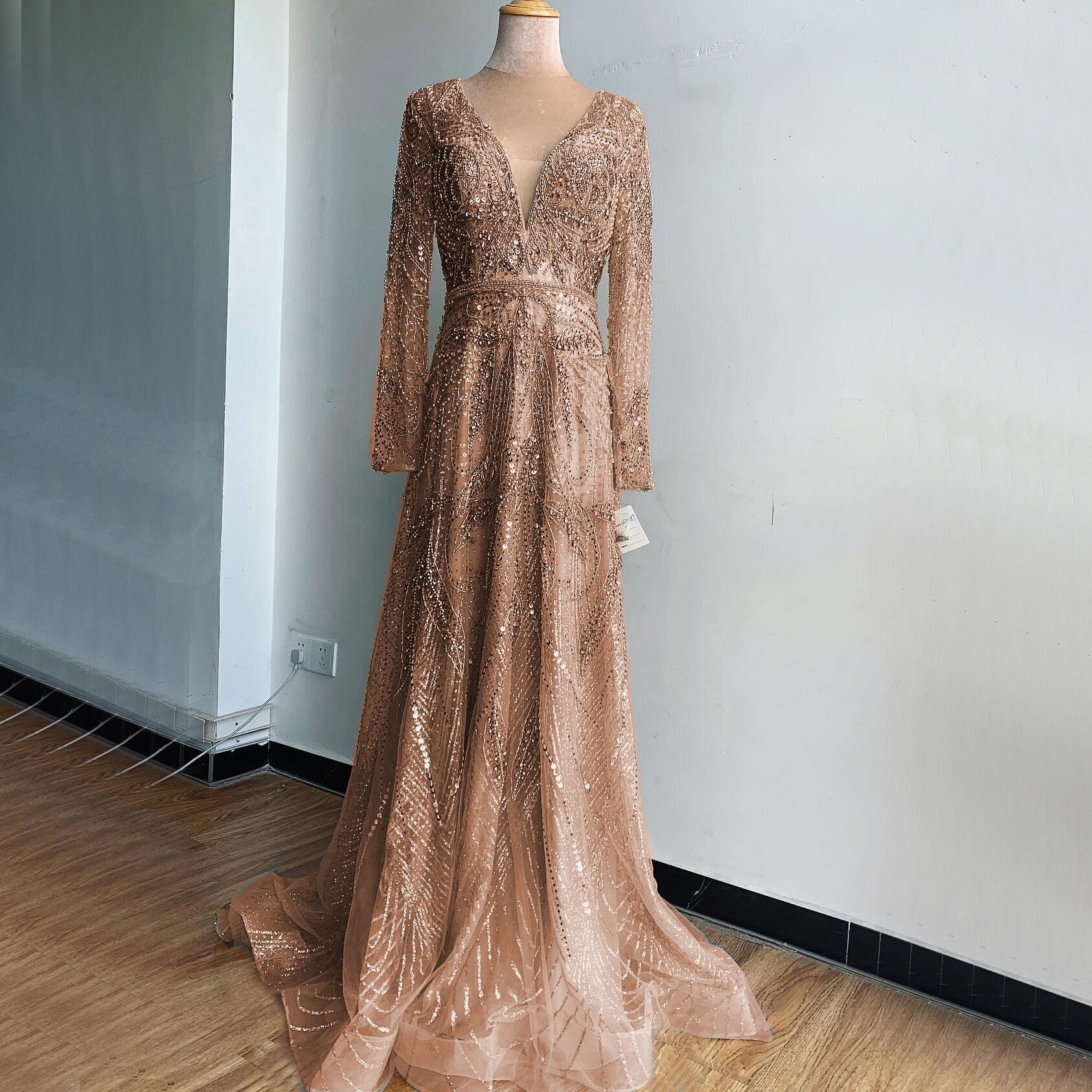 On Sale no return no refund Gold A-Line V-Neck Luxury Sexy Evening Dresses 2025 Pearls Crystal Long Sleeves Fromal Gown LA70287L