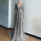 On Sale no return no refund Gold A-Line V-Neck Luxury Sexy Evening Dresses 2025 Pearls Crystal Long Sleeves Fromal Gown LA70287L