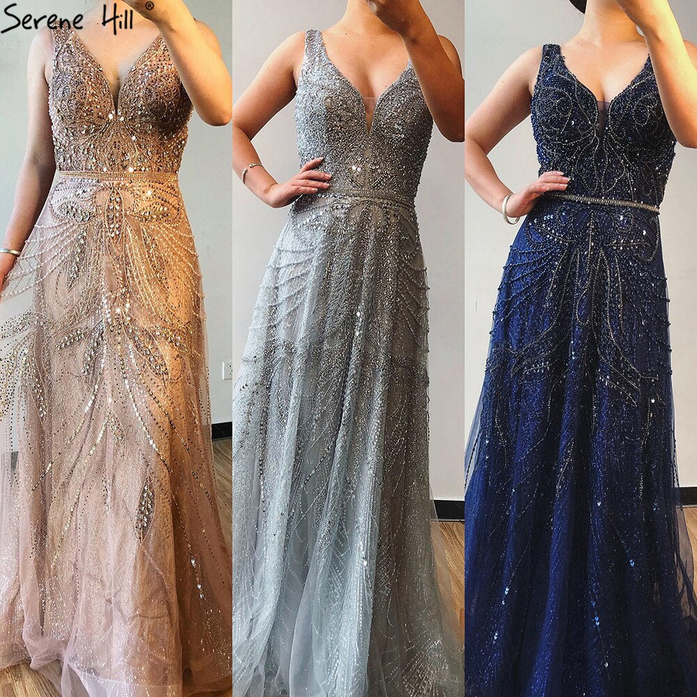 On Sale no return no refund Gold A-Line V-Neck Luxury Sexy Evening Dresses 2025 Pearls Crystal Long Sleeves Fromal Gown LA70287L
