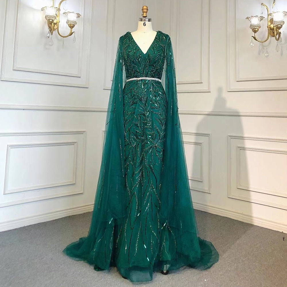 Gold Arabisch Cape Ärmel Perlen Abendkleider Kleider 2025 Meerjungfrau Elegante Luxus Für Frauen Party LA71496 