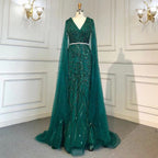 Gold Arabisch Cape Ärmel Perlen Abendkleider Kleider 2025 Meerjungfrau Elegante Luxus Für Frauen Party LA71496 