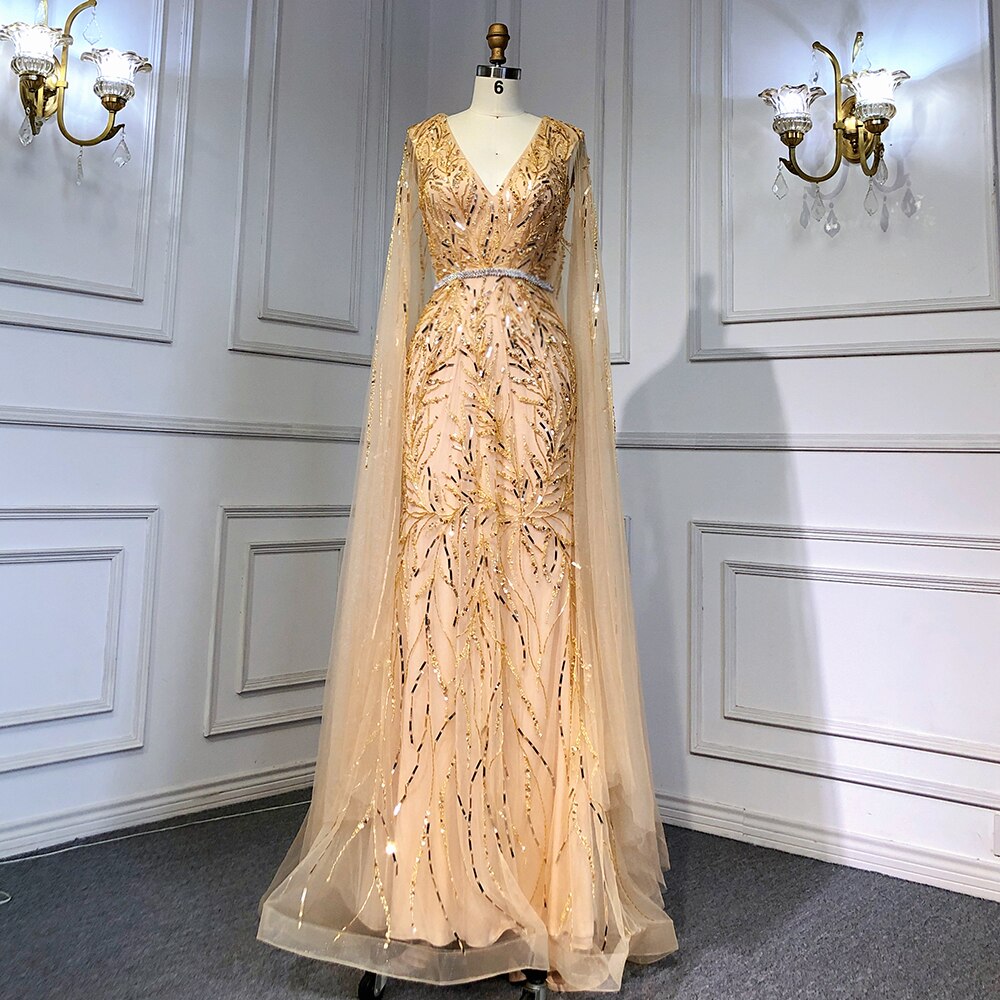 Gold Arabisch Cape Ärmel Perlen Abendkleider Kleider 2025 Meerjungfrau Elegante Luxus Für Frauen Party LA71496 