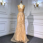 Gold Arabisch Cape Ärmel Perlen Abendkleider Kleider 2025 Meerjungfrau Elegante Luxus Für Frauen Party LA71496 