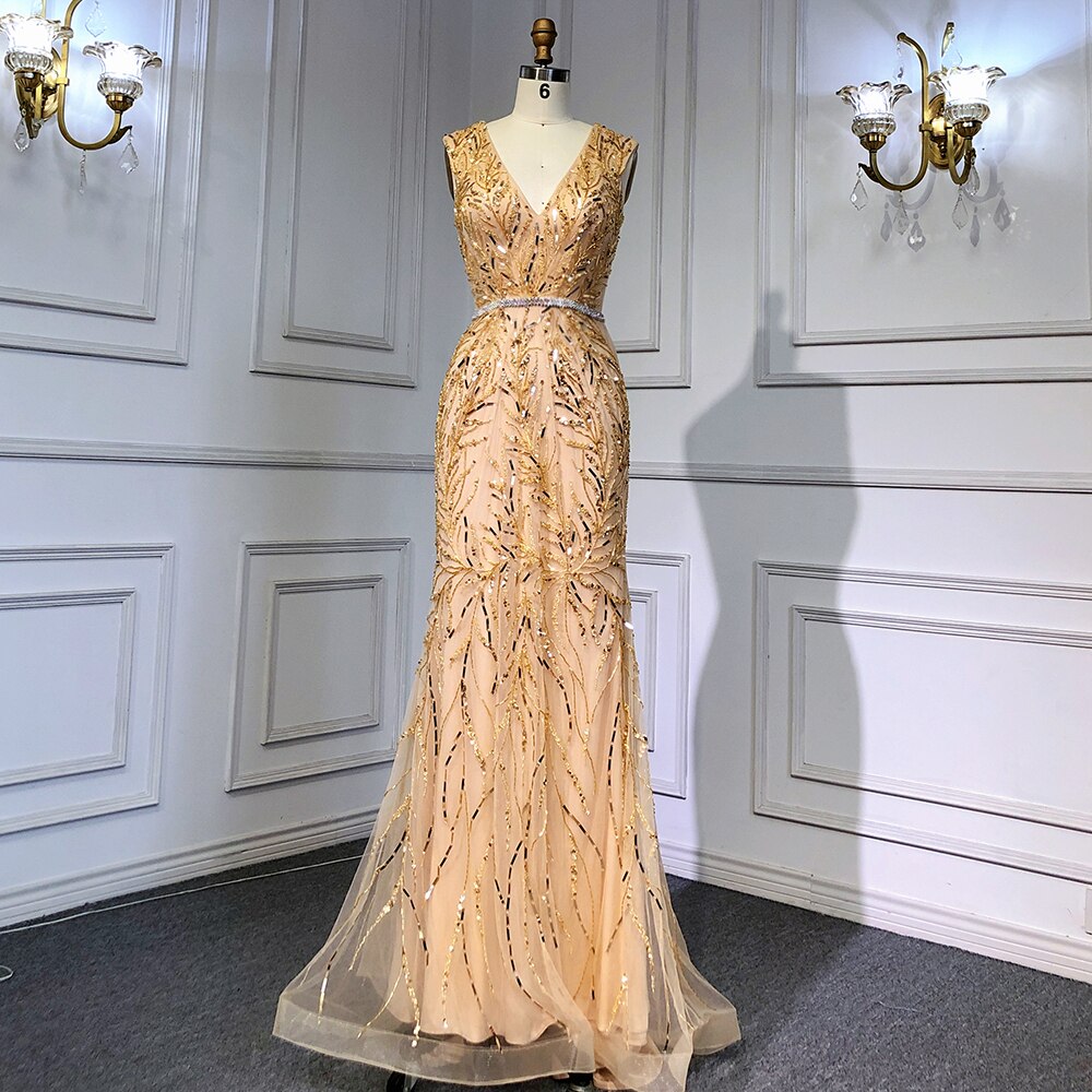 Gold Arabisch Cape Ärmel Perlen Abendkleider Kleider 2025 Meerjungfrau Elegante Luxus Für Frauen Party LA71496 