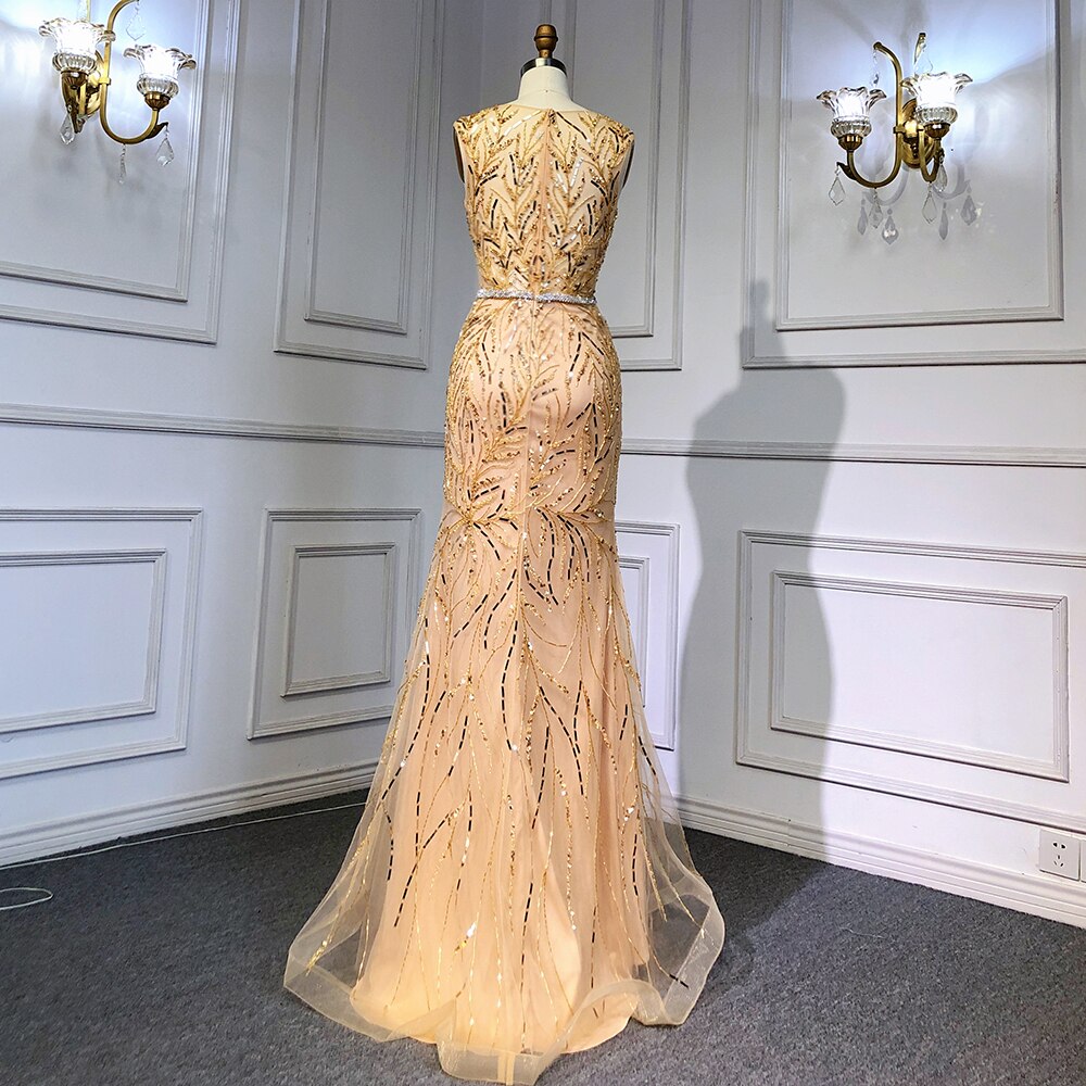 Gold Arabisch Cape Ärmel Perlen Abendkleider Kleider 2025 Meerjungfrau Elegante Luxus Für Frauen Party LA71496 