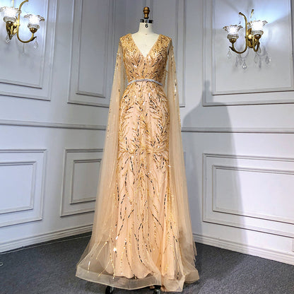 Gold Arabisch Cape Ärmel Perlen Abendkleider Kleider 2025 Meerjungfrau Elegante Luxus Für Frauen Party LA71496 