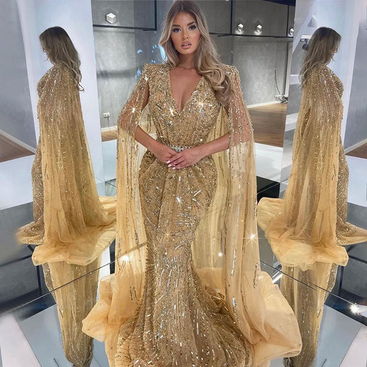 Gold Arabisch Cape Ärmel Perlen Abendkleider Kleider 2025 Meerjungfrau Elegante Luxus Für Frauen Party LA71496 