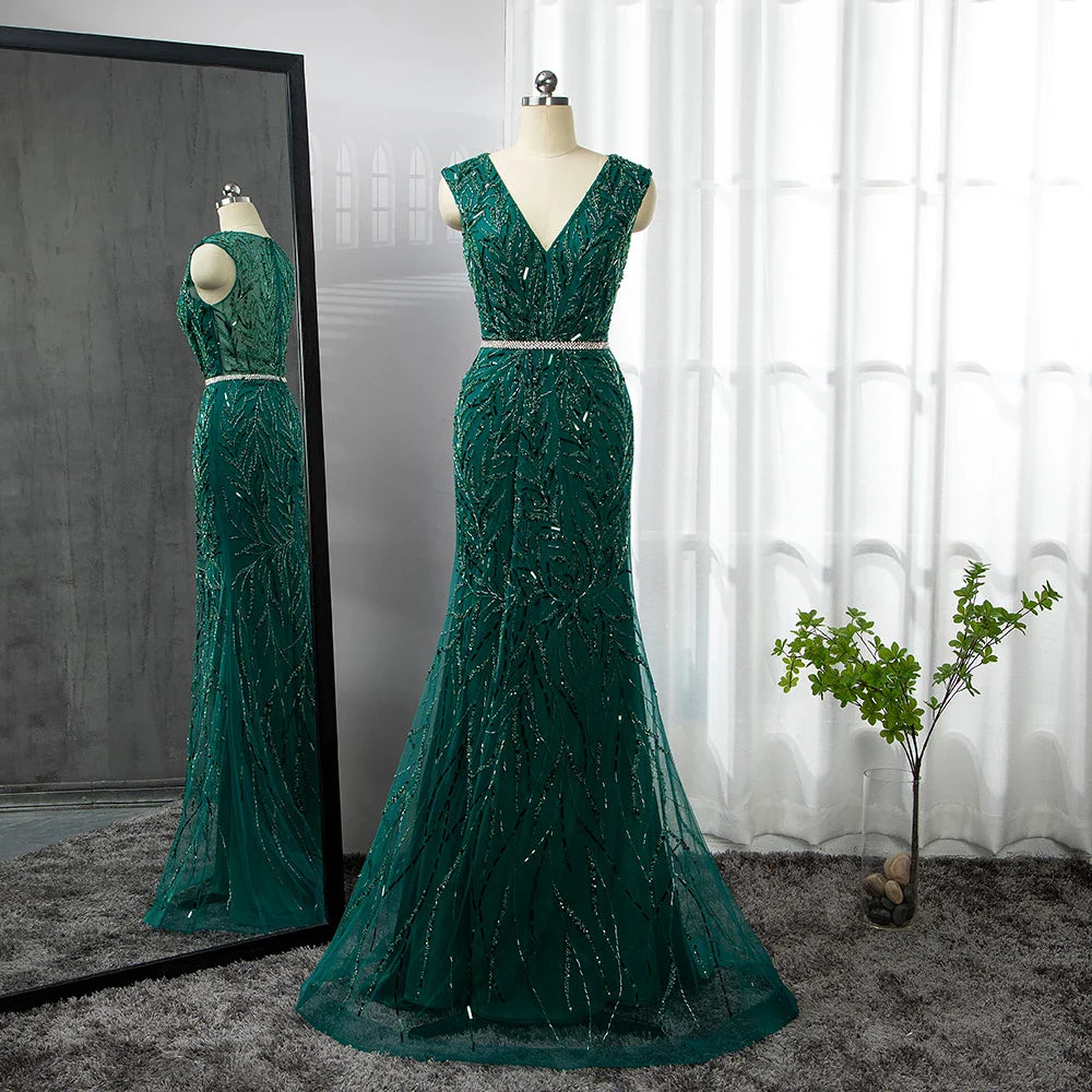 Vestidos de noche elegantes de lujo con mangas abullonadas y cuentas estilo sirena, estilo árabe dorado, para fiesta, LA71496 