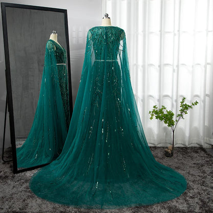 Gold Arabisch Cape Ärmel Perlen Abendkleider Kleider 2025 Meerjungfrau Elegante Luxus Für Frauen Party LA71496 