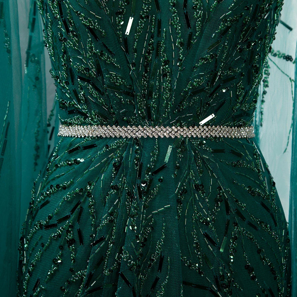 Vestidos de noche elegantes de lujo con mangas abullonadas y cuentas estilo sirena, estilo árabe dorado, para fiesta, LA71496 