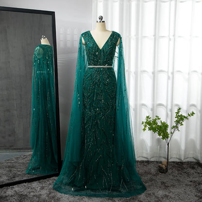 Gold Arabisch Cape Ärmel Perlen Abendkleider Kleider 2025 Meerjungfrau Elegante Luxus Für Frauen Party LA71496 