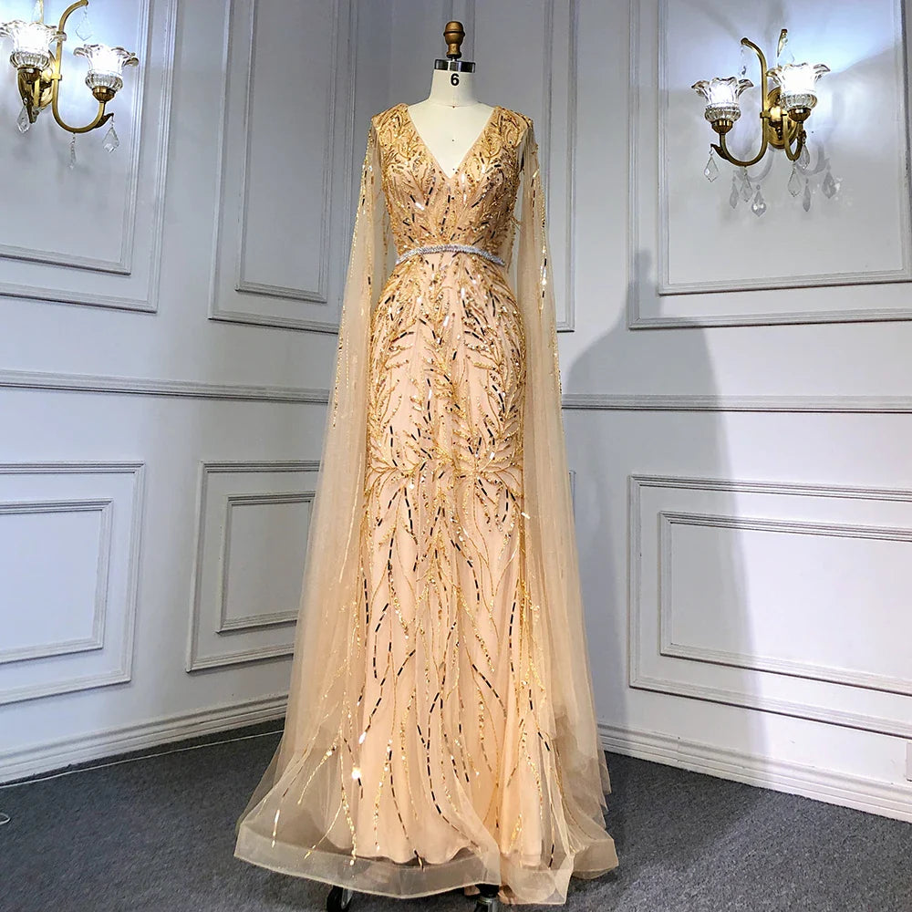 Gold Arabisch Cape Ärmel Perlen Abendkleider Kleider 2025 Meerjungfrau Elegante Luxus Für Frauen Party LA71496 