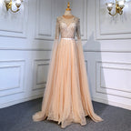 Gold Arabic Luxury Cape Sleeves Evening Dresses Gowns 2025 Beaded A-Line For Women Party LA71598