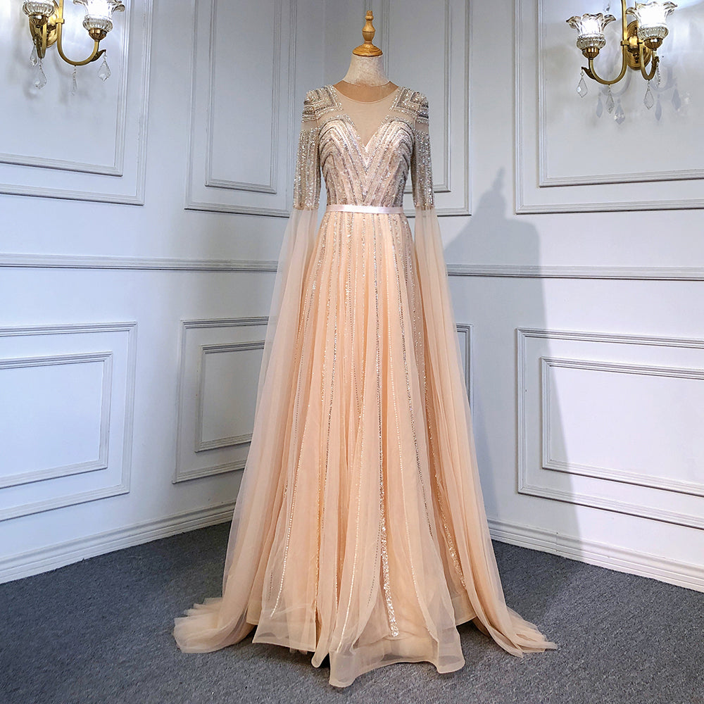 Gold Arabic Luxury Cape Sleeves Evening Dresses Gowns 2025 Beaded A-Line For Women Party LA71598