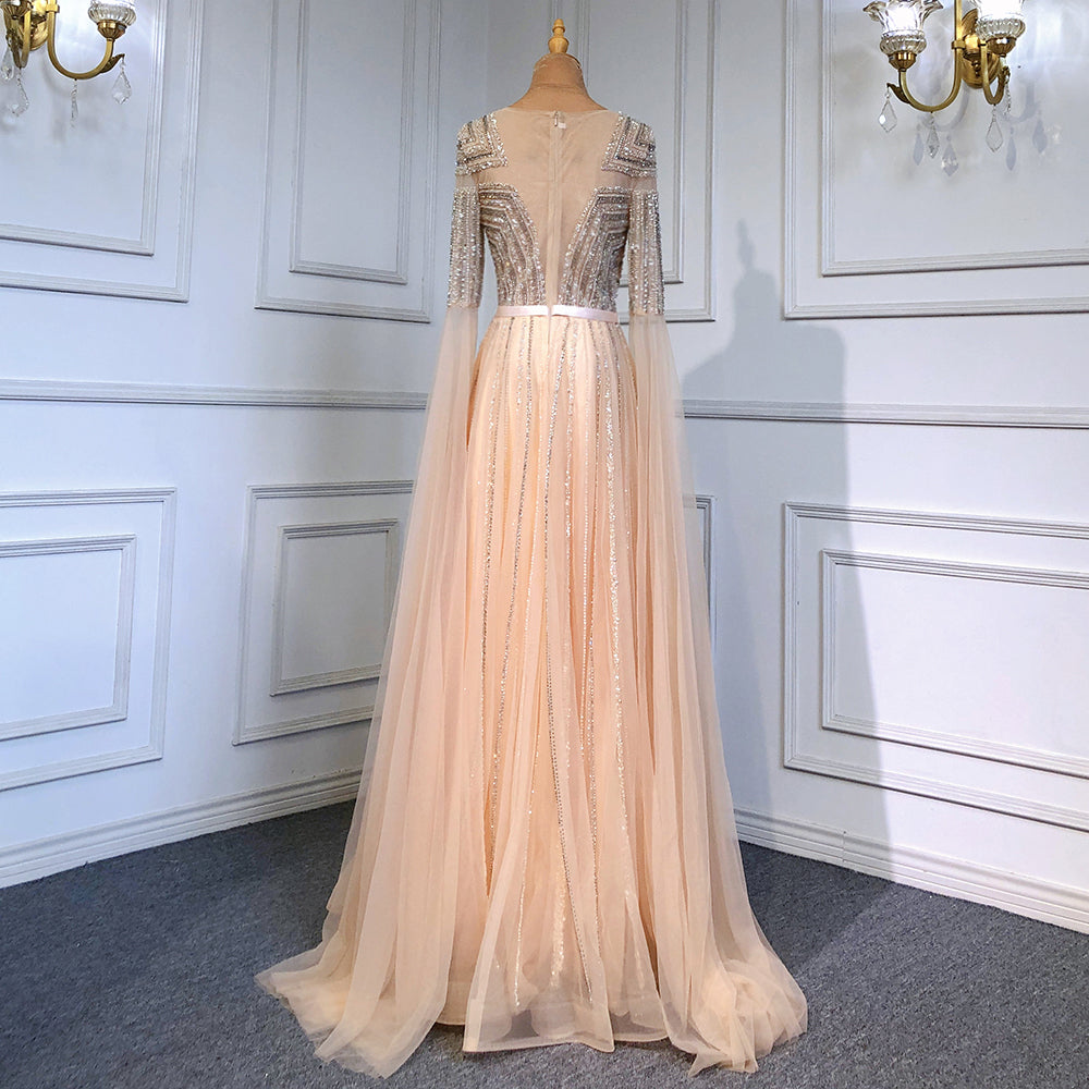 Gold Arabic Luxury Cape Sleeves Evening Dresses Gowns 2025 Beaded A-Line For Women Party LA71598