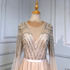 Gold Arabic Luxury Cape Sleeves Evening Dresses Gowns 2025 Beaded A-Line For Women Party LA71598