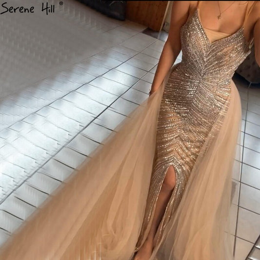 Gold Backless Mermaid Sexy Abendkleider 2025 Dubai Kristall Perlen Luxus Formale Kleid Design LA70165 