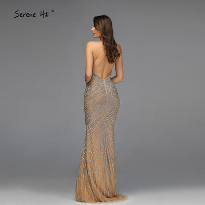 Gold Backless Mermaid Sexy Abendkleider 2025 Dubai Kristall Perlen Luxus Formale Kleid Design LA70165 