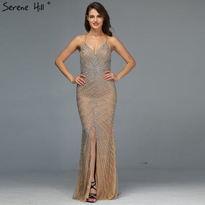Gold Backless Mermaid Sexy Abendkleider 2025 Dubai Kristall Perlen Luxus Formale Kleid Design LA70165 